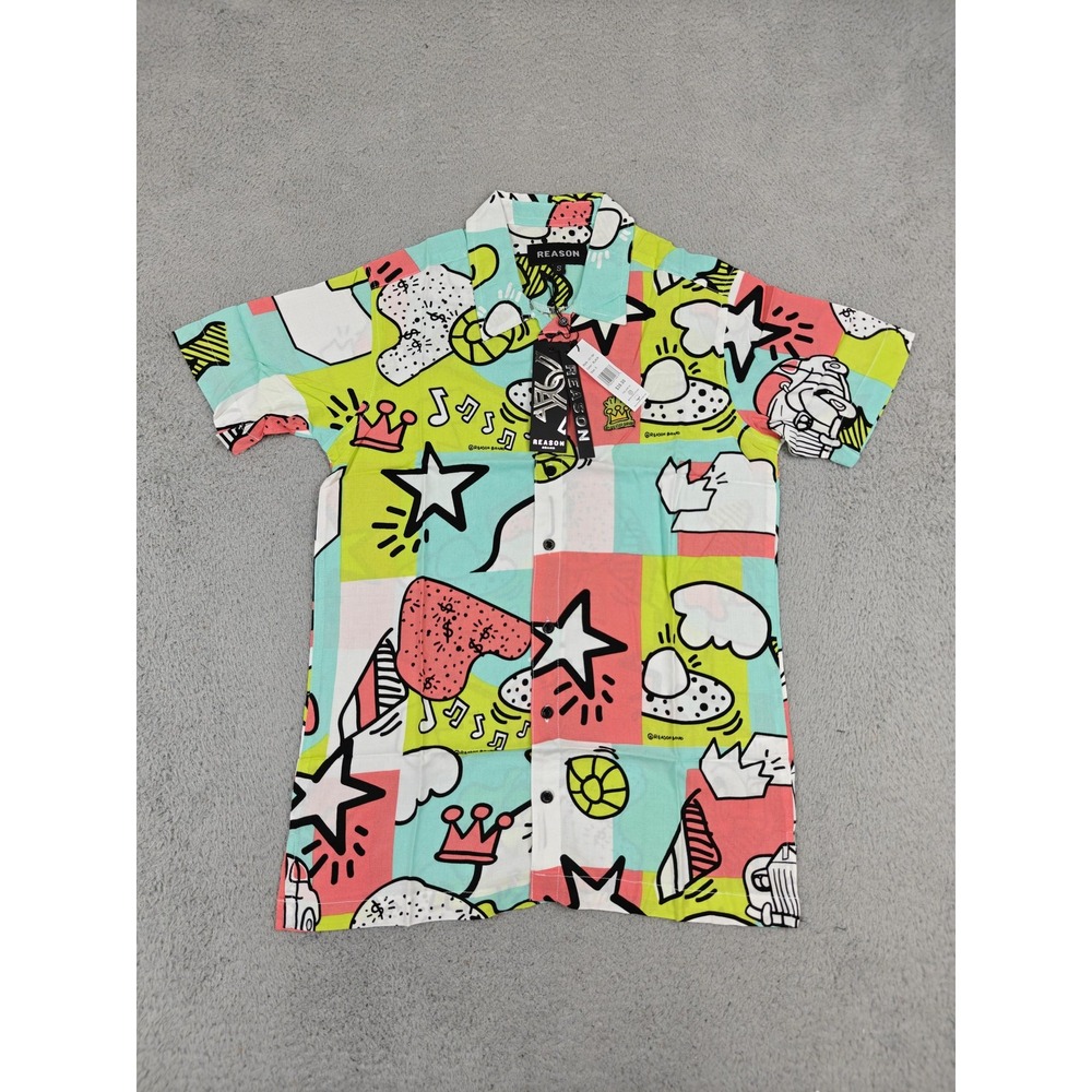 Reason Shirt Mens Small Multicolor Pop Art Graphic Button Up Short Sleeve U1-164